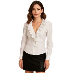 Luisa‎ Baldetti White Ruffle Blouse Crystal Buttons Italian Cotton 10